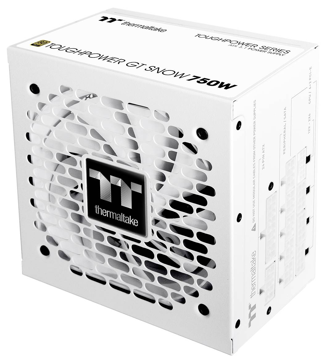 Thermaltake Toughpower GT Snow 750W Netzteil. Weiße Gehäuse mit einem großen Lüftergitter, entwickelt für PC-Builds.