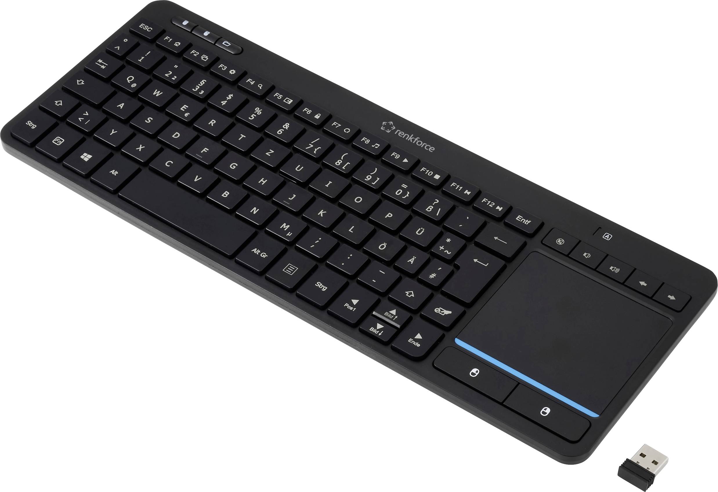 Eine schwarze kabellose Tastatur mit integriertem Touchpad und USB-Empfänger, die ein kompaktes Design für vielseitige Einsatzmöglichkeiten aufweist.