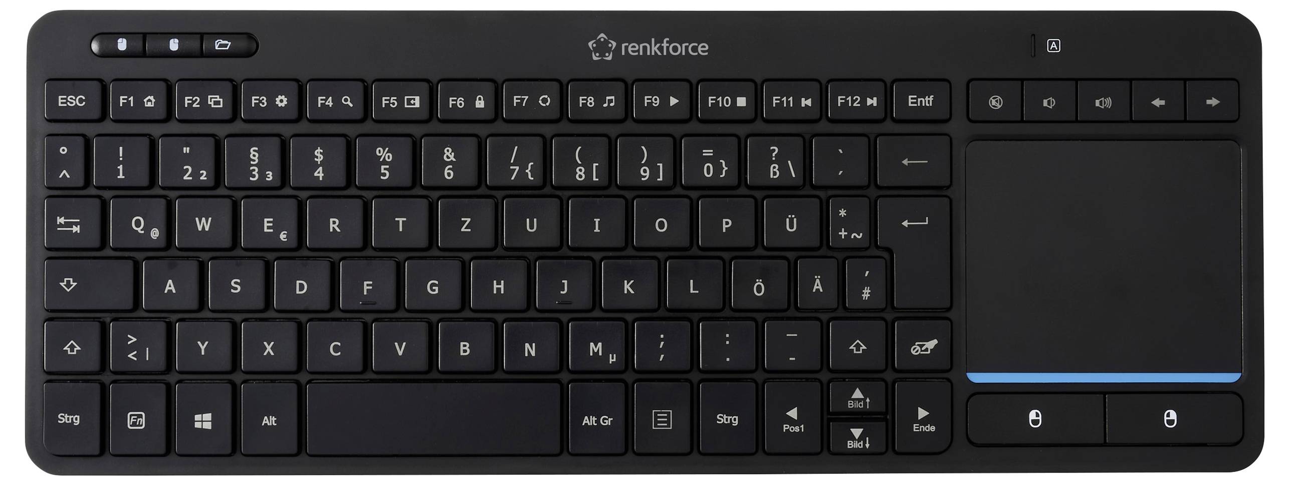 Schwarze renkforce Funftastatur mit Ziffernblock und Trackpad rechts. Kompaktes Design für vielseitige Verwendung.