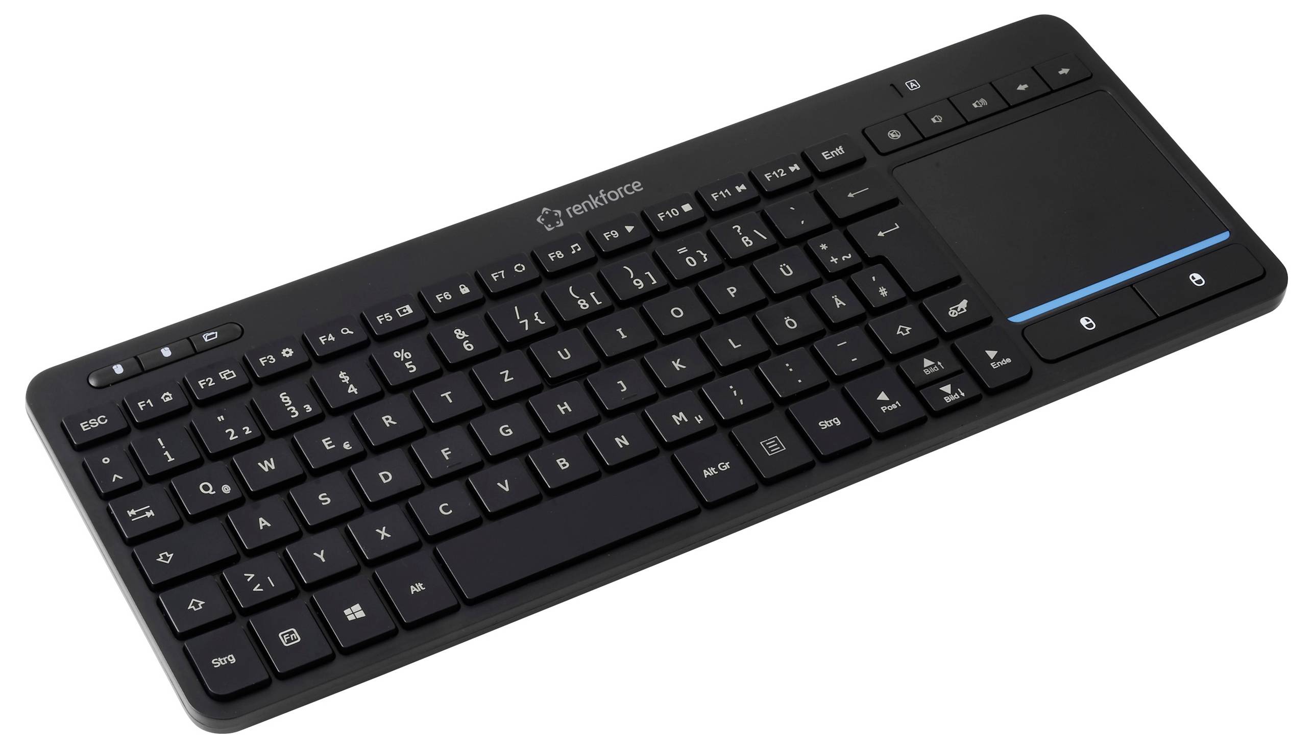 Eine schwarze kabellose Tastatur mit einem integrierten Touchpad auf der rechten Seite, die ein kompaktes Design und eine standardmäßige Tastaturanordnung zeigt.