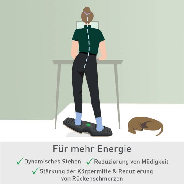 Eine Person steht dynamisch auf einem Balancebrett an einem Schreibtisch und fördert dadurch Energie und reduziert Ermüdung. Ein Hund ruht in der Nähe.