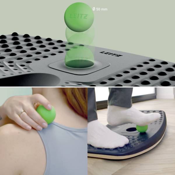 Therapieball in hellem Grün zur Muskelentspannung; ein Bild zeigt ihn, wie er über einen Rücken rollt, ein anderes zeigt ihn unter einem Fuß auf einem strukturierten Brett.