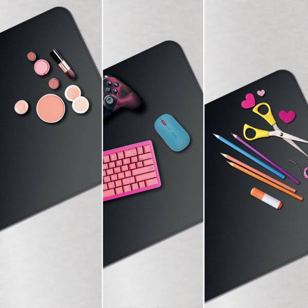 Ein Triptychon-Bild. Links: Make-up-Artikel auf einer schwarzen Oberfläche. Mitte: Videospiel-Controller, Maus und Tastatur. Rechts: Scheren, Stifte, Kleber und Papierherzen.