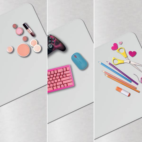 Drei Bilder zeigen: ein Make-up-Set mit Lippenstift und Pinseln, einen Spielcontroller und eine Tastatur mit einer Maus sowie Bastelbedarf mit Scheren und Buntstiften.