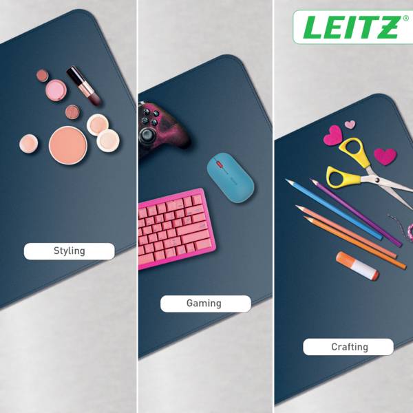Das Bild zeigt drei vertikale Bereiche mit verschiedenen Gegenständen für 'Styling', 'Gaming' und 'Handwerk', jeweils mit relevanten Objekten wie Make-up, einem Controller mit Maus und Tastatur sowie Handwerkzeugen. Das 'LEITZ' Logo befindet sich oben.