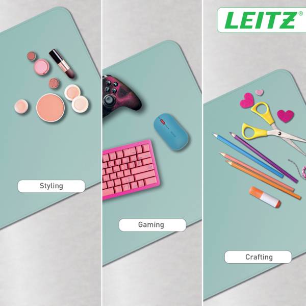 Drei Panels mit verschiedenen Aktivitäten: 'Styling' mit Kosmetik, 'Gaming' mit Controller und Maus, 'Basteln' mit Schere und Stiften.