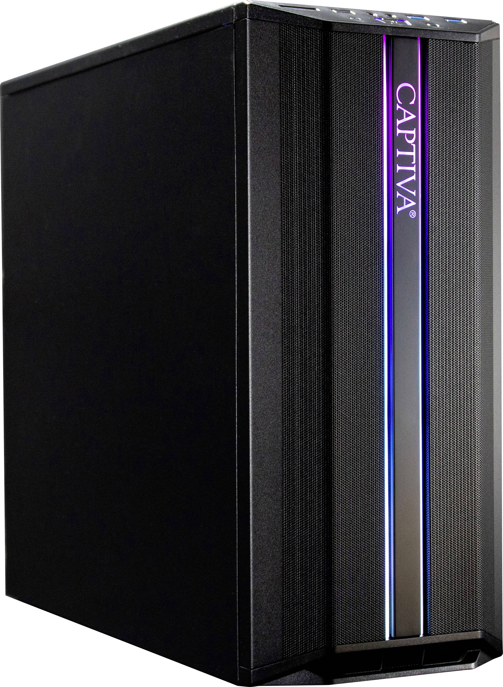 Ein schwarzer Computer-Tower mit beleuchteten vertikalen LED-Streifen und dem Markennamen 'CAPTIVA' auf dem Frontpanel.