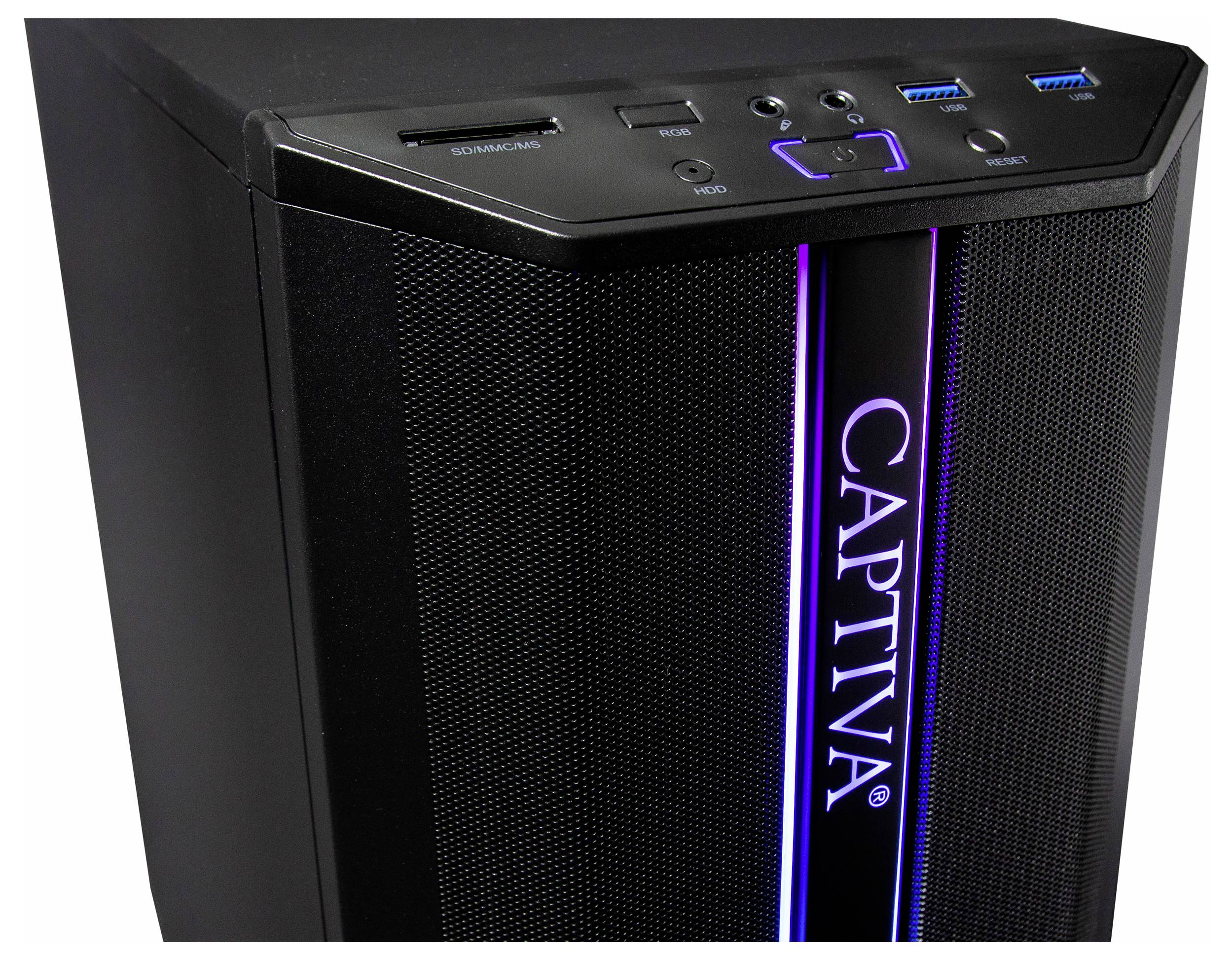 Ein schwarzer Computer-Tower mit leuchtenden blauen und violetten LED-Lichtern und dem Wort ‚CAPTIVA', vertikal auf dem Frontpanel angebracht.