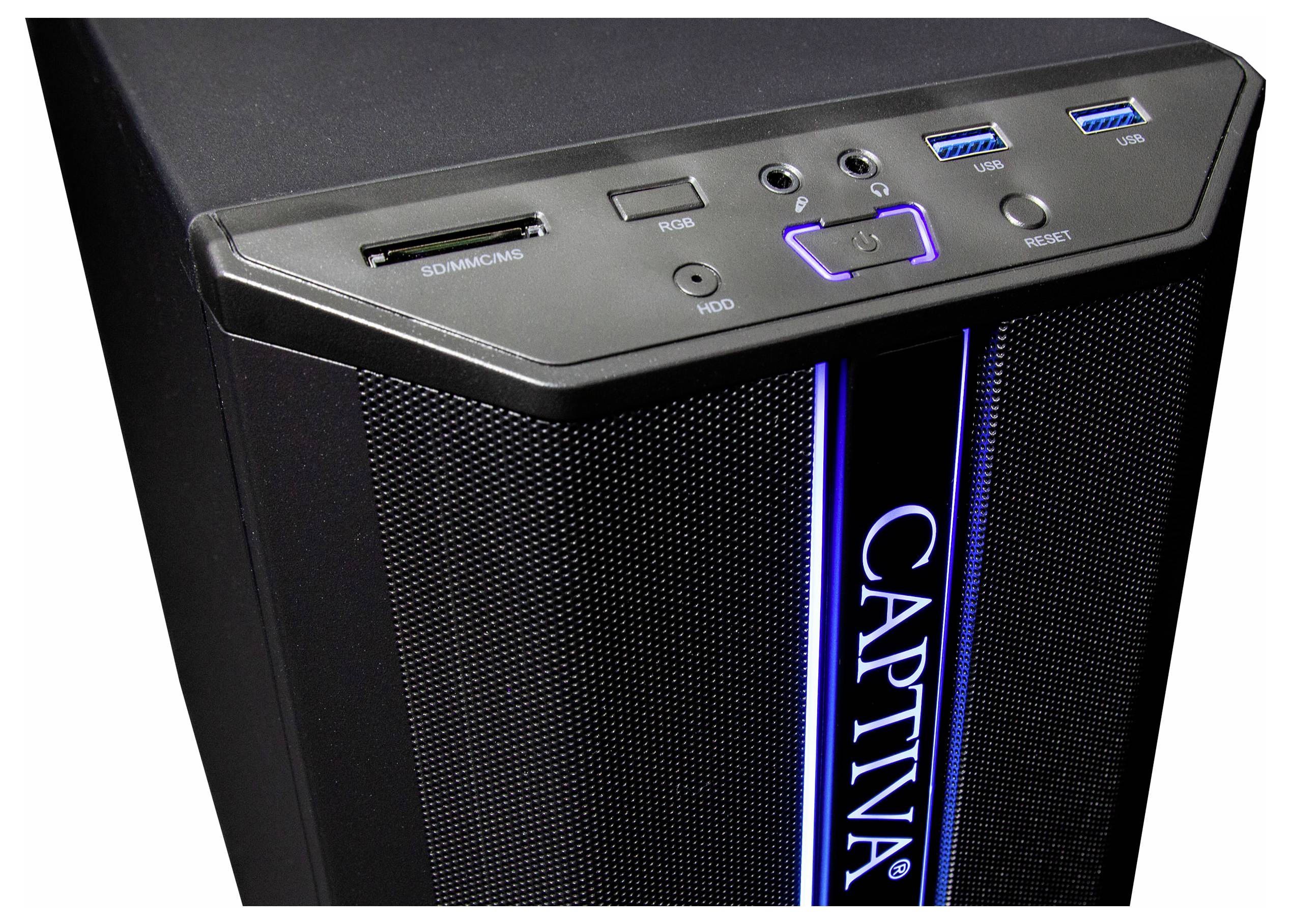 Ein schwarzer Computer-Tower mit blauer LED-Beleuchtung, Front-Panel-Anschlüssen und Tasten. Der Markenname 'Captiva' ist vertikal in blau angezeigt.