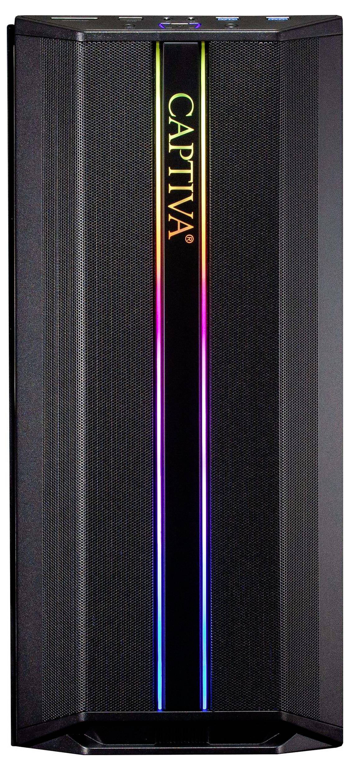 Ein hoher schwarzer Lautsprecher-Turm mit vertikalen LED-Lichtern, der den Markennamen 'CAPTIVA' in gelber Farbe im oberen Zentrum anzeigt.