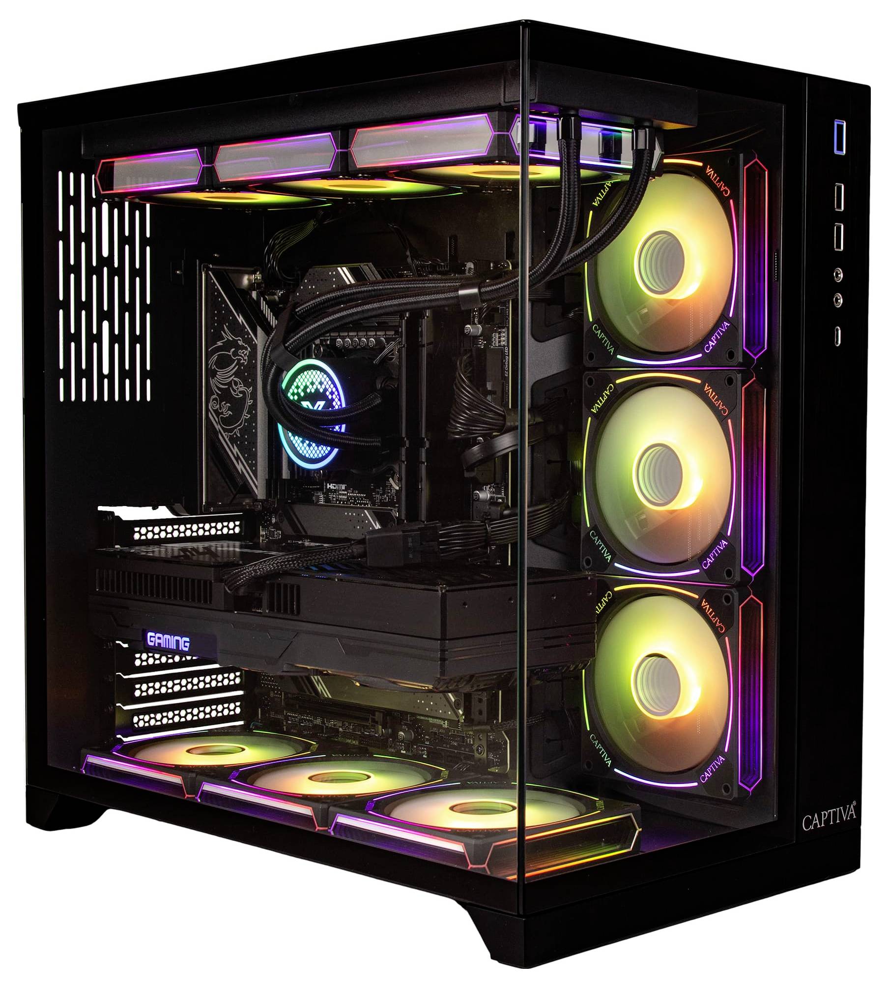 Ein schlankes Gaming-PC mit sichtbarer RGB-Beleuchtung an Lüftern und internen Komponenten ist in einem transparenten schwarzen Gehäuse untergebracht.