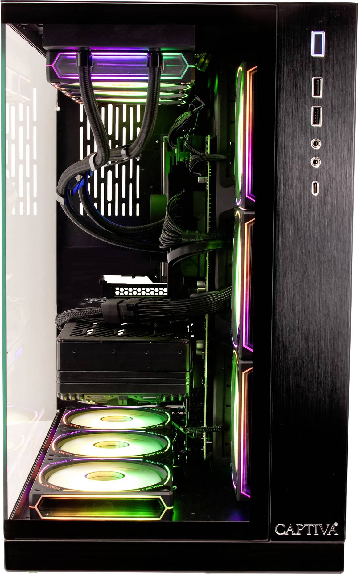 Ein schlanker schwarzer Desktop-Computerturm mit sichtbaren Innenkomponenten und bunten LED-Lichtern, die das Innere beleuchten.