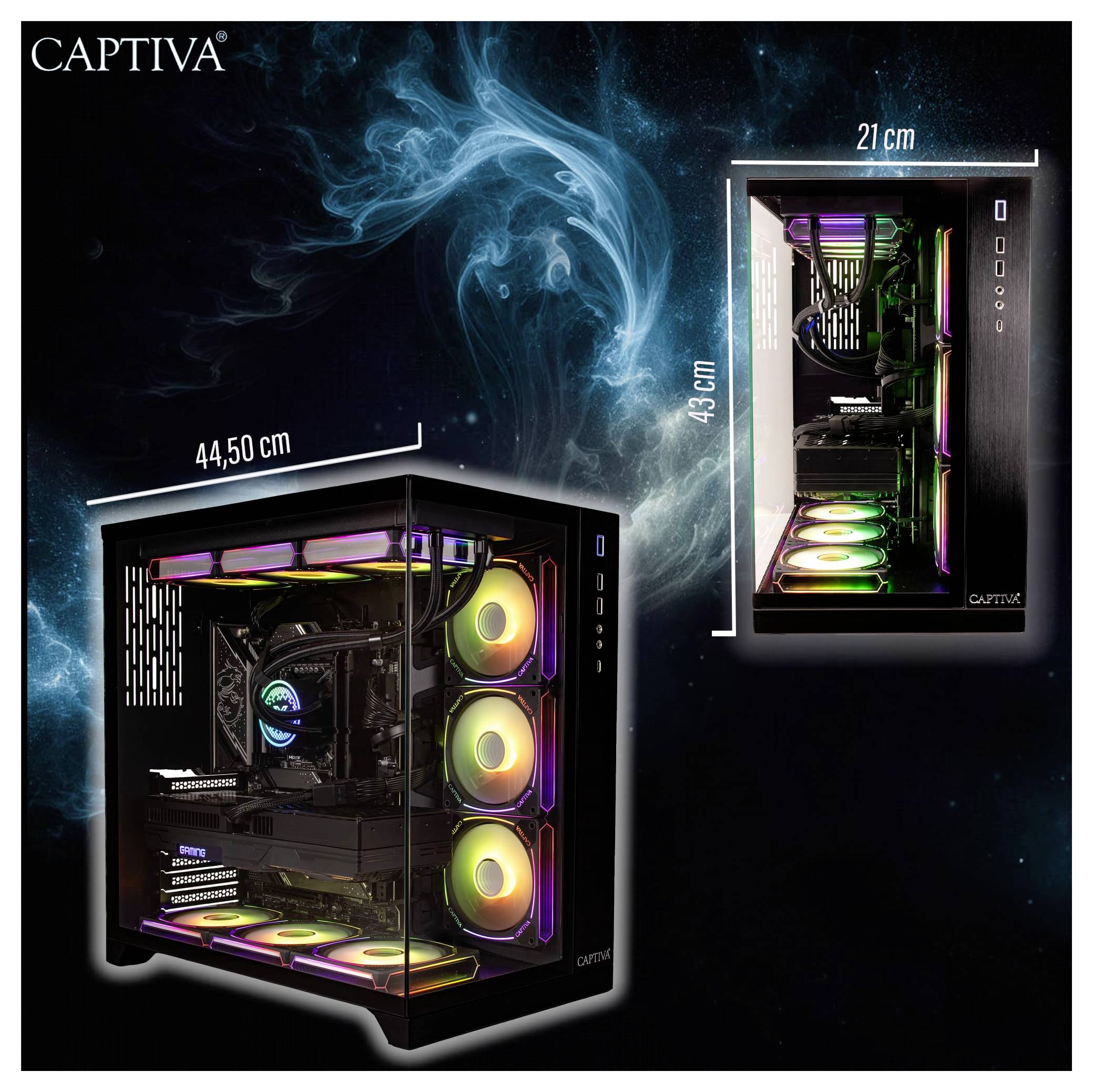 Das Bild zeigt zwei Gaming-PCs mit RGB-Beleuchtung. Der linke PC misst 44,50 cm, während der rechte PC 21 cm in der Breite und 39 cm in der Höhe misst.