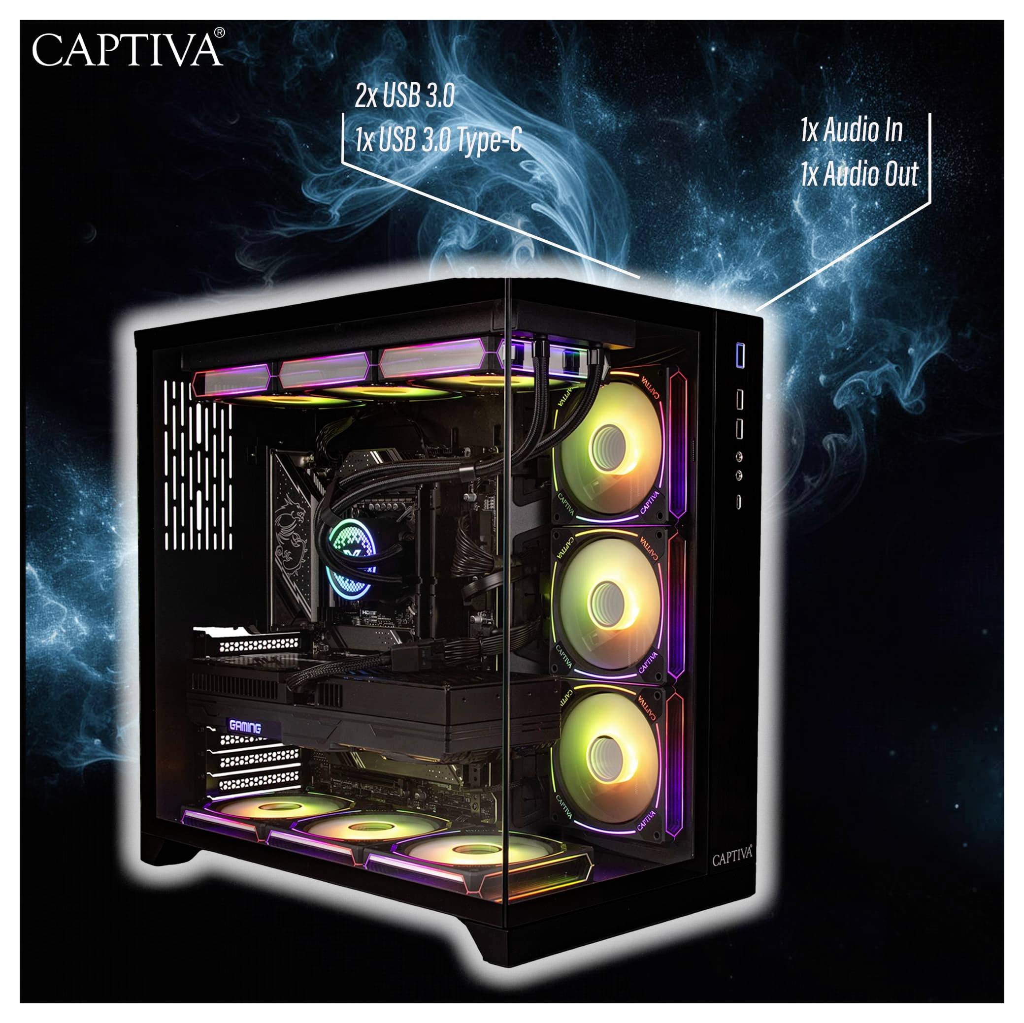 Ein Gaming-PC mit RGB-Beleuchtung, ausgestattet mit 2x USB 3.0, 1x USB 3.0 Typ-C, 1x Audio-Eingang und 1x Audio-Ausgang, von der Marke Captiva.