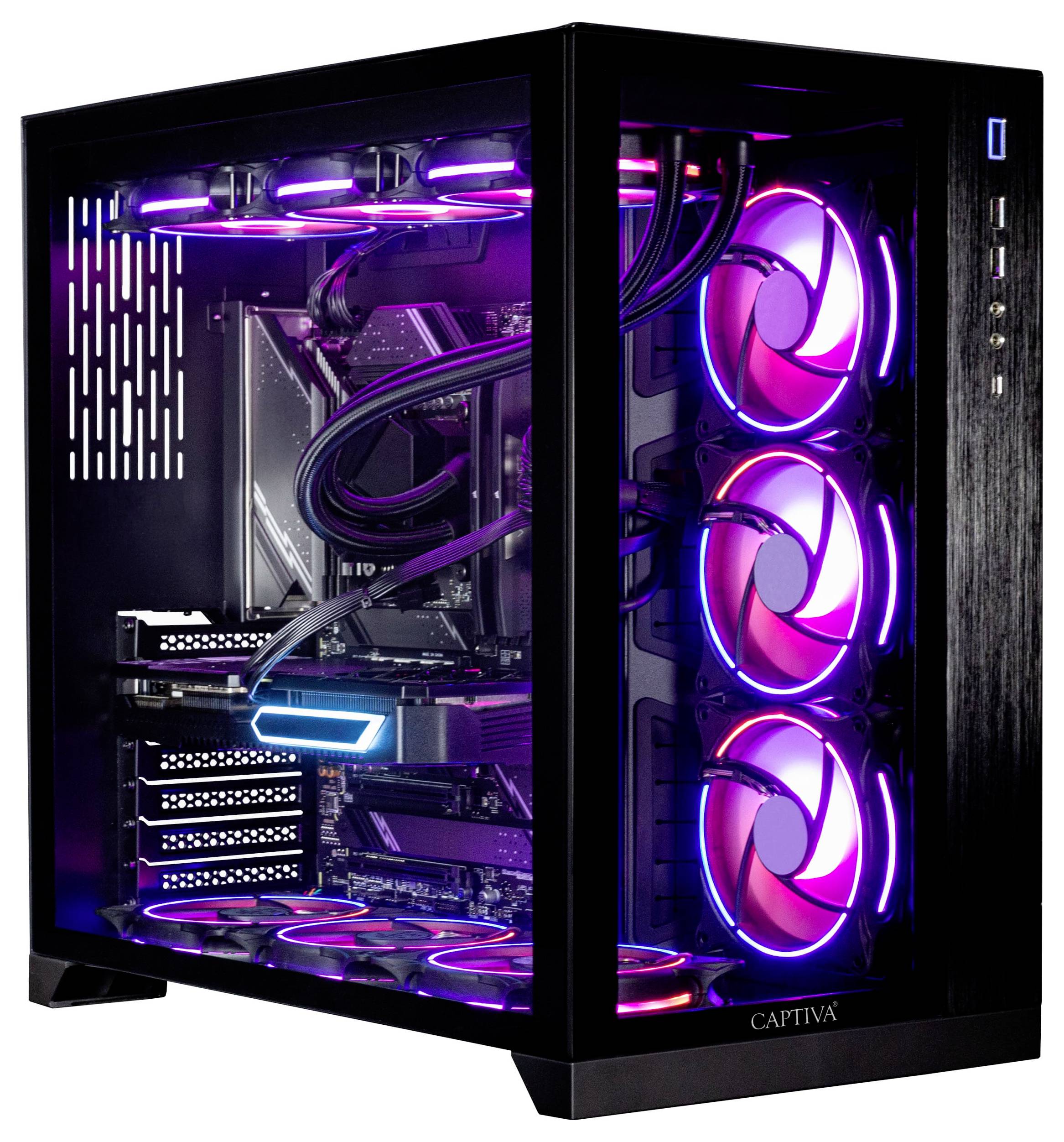 Ein schwarzer Gaming-Computer-Tower mit lila und blauen LED-Lüftern, transparente Seitenscheibe, die Innenkomponenten und Wasserkühlung zeigt.