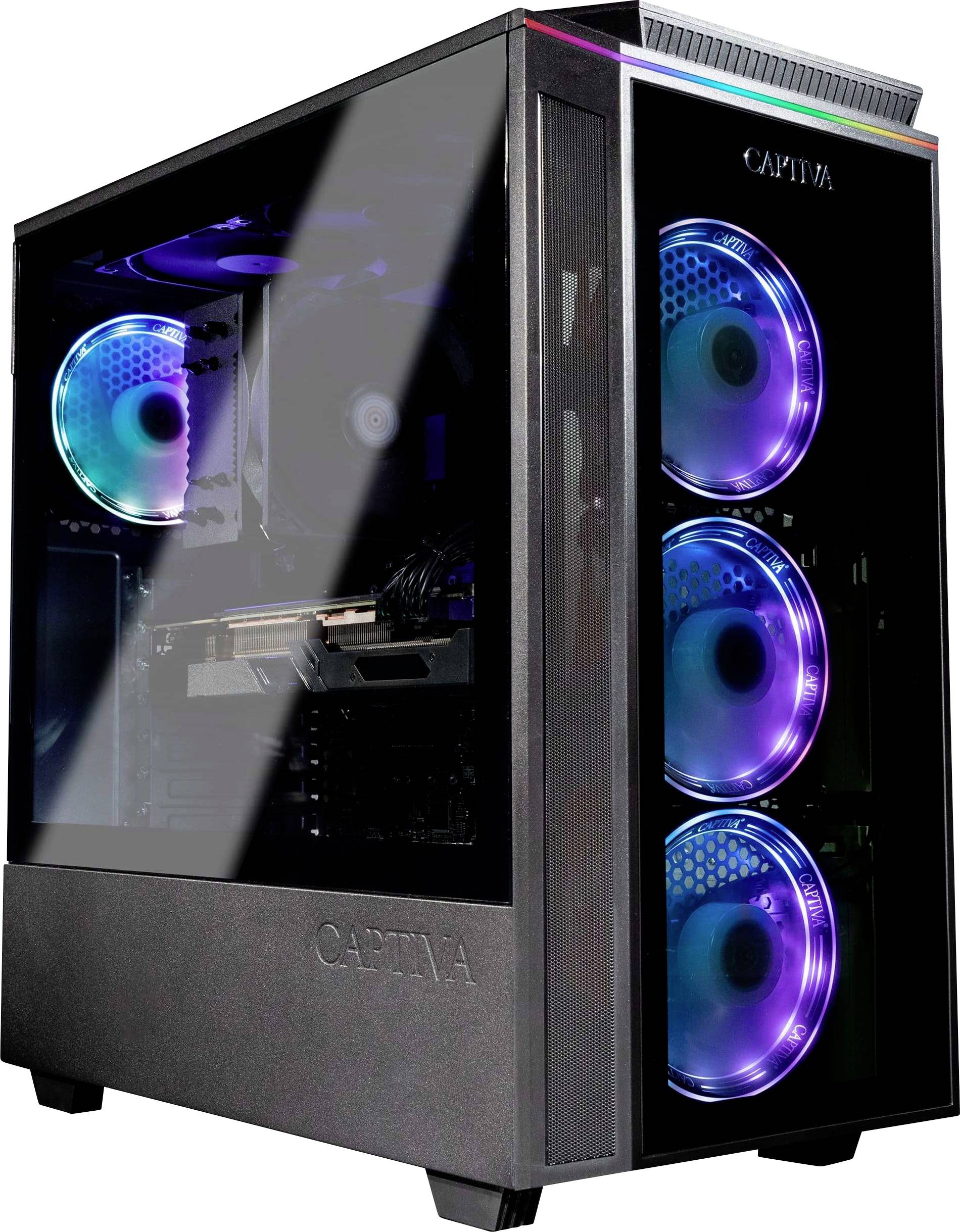 Ein schwarzes Gaming-Computergehäuse mit transparenter Seitenscheibe, das die Innenkomponenten zeigt und mit RGB-Lüftern an Front und Rückseite beleuchtet ist.