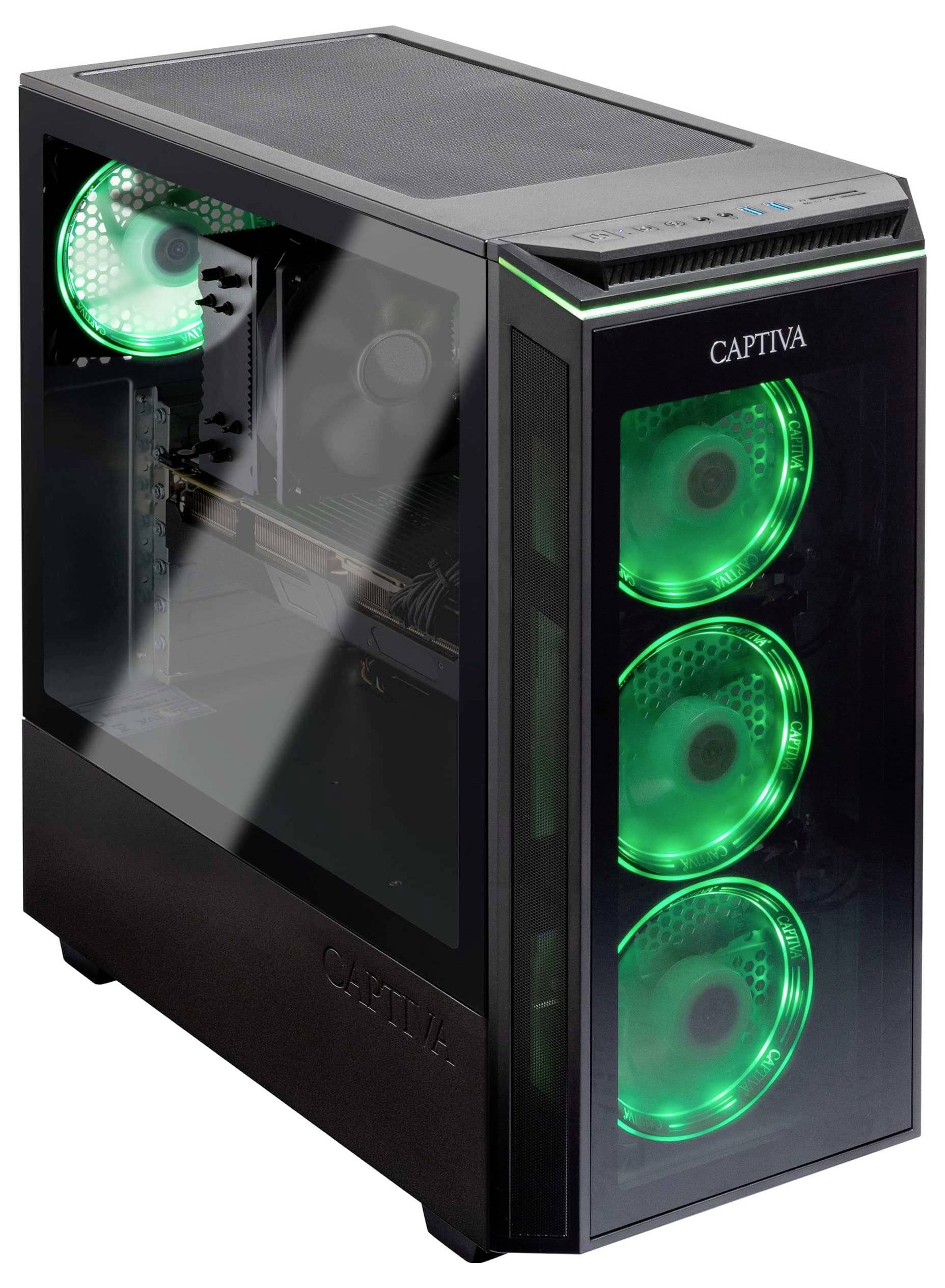 Ein Desktop-Computer mit einem transparenten Seitenpanel zeigt Innenkomponenten und grün beleuchtete Lüfter. Das Frontpanel verfügt über drei grün beleuchtete Lüfter.