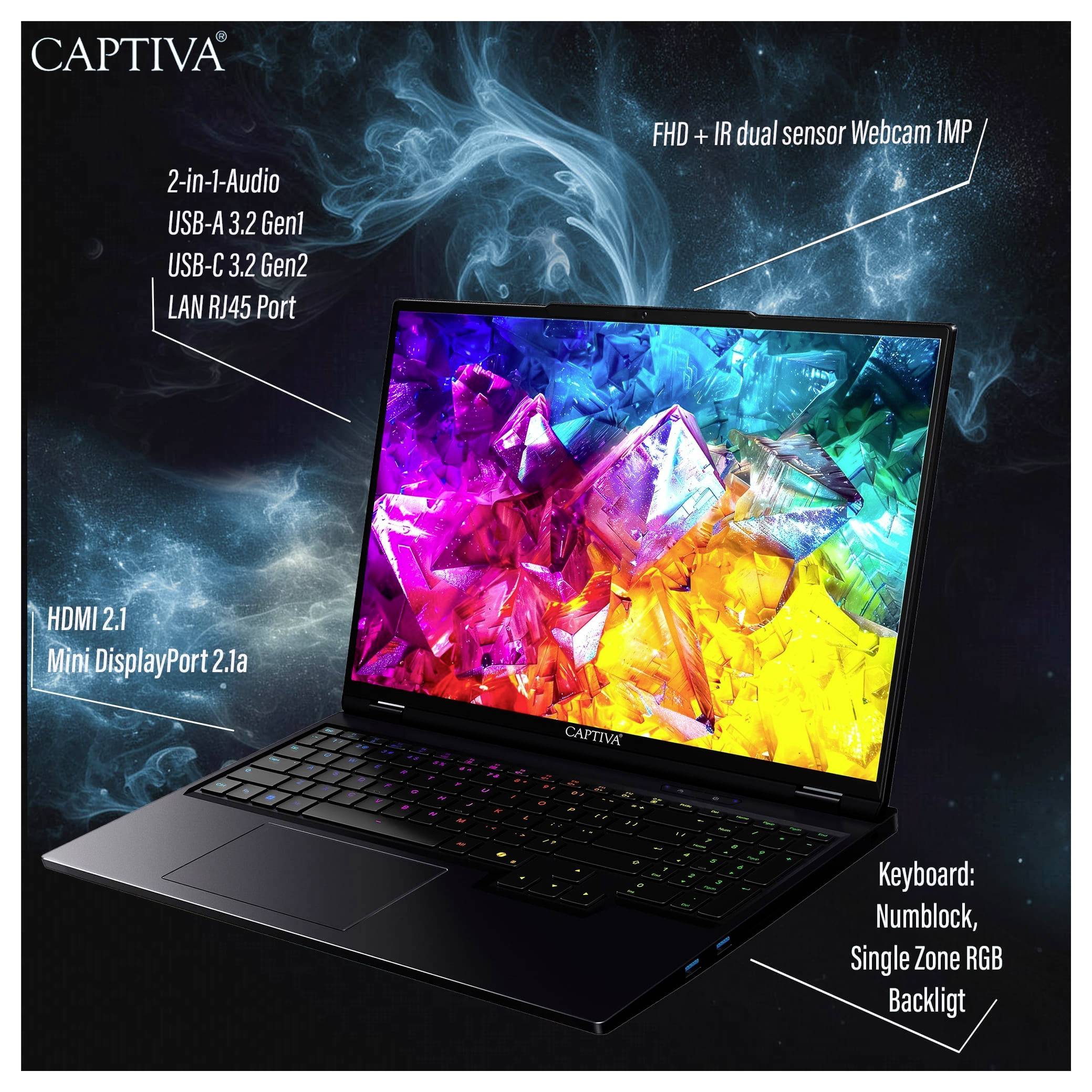 Captiva Notebook Highend Gaming R92-281 40.6cm (16 Zoll) WQXGA AMD Ryzen 9 9955HX 64GB RAM 2TB SSD Deutsch, QWERTZ AMD AMD Radeon