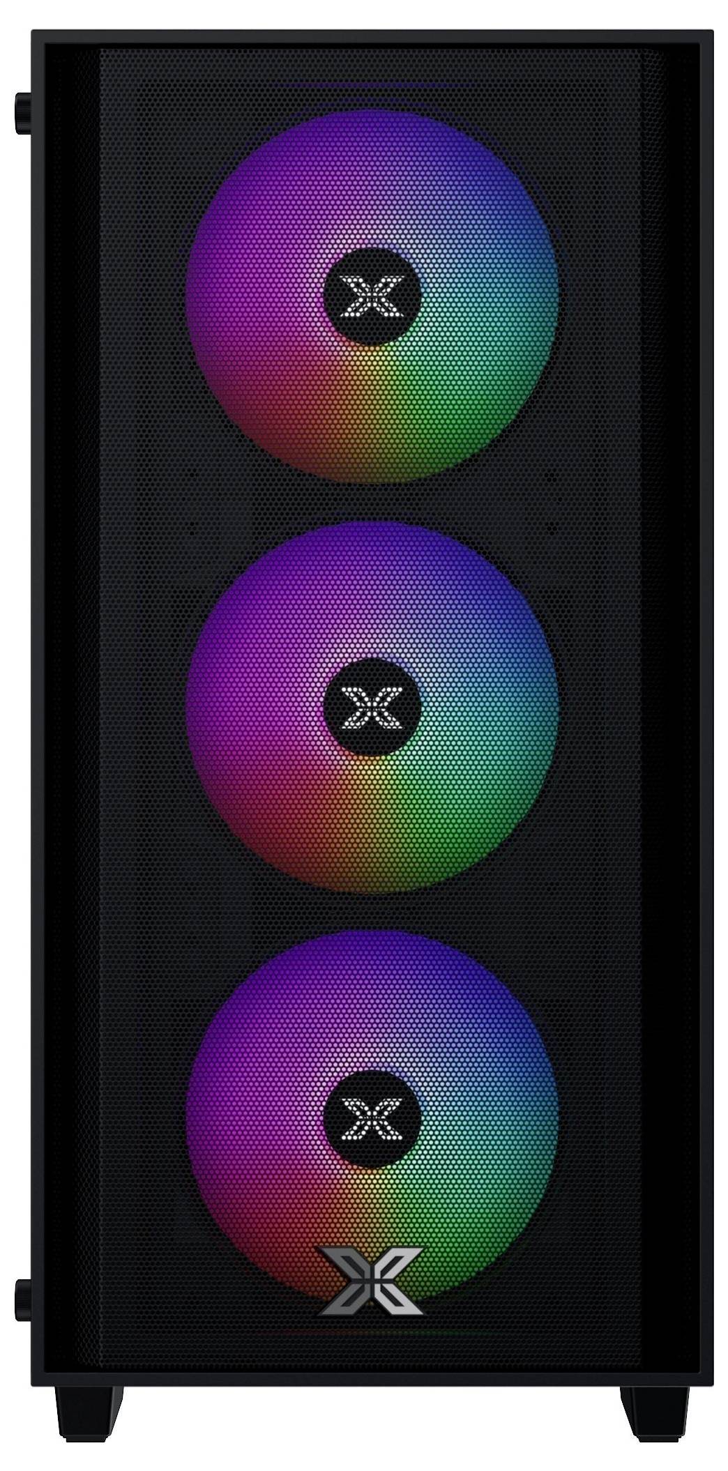 Ein Computer-Gehäuse-Front-Panel mit drei vertikal ausgerichteten, beleuchteten Lüftern mit einem Regenbogen-Farbspektrum und einem zentrierten Markenlogo auf jedem Lüfter.