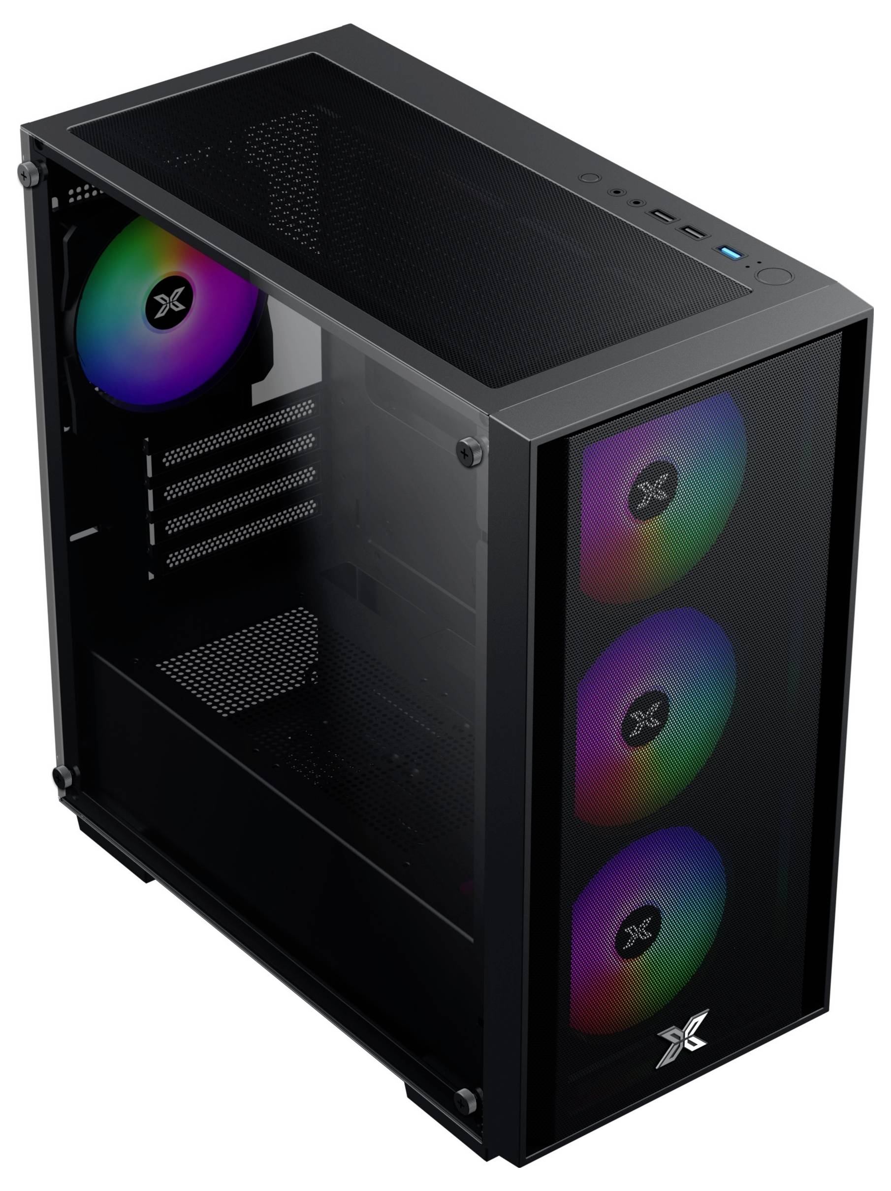 Ein schwarzes Computergehäuse mit einer transparenten Seitenscheibe, das drei RGB-beleuchtete Lüfter an der Front und einen Lüfter im Heck präsentiert, alle beleuchtet.