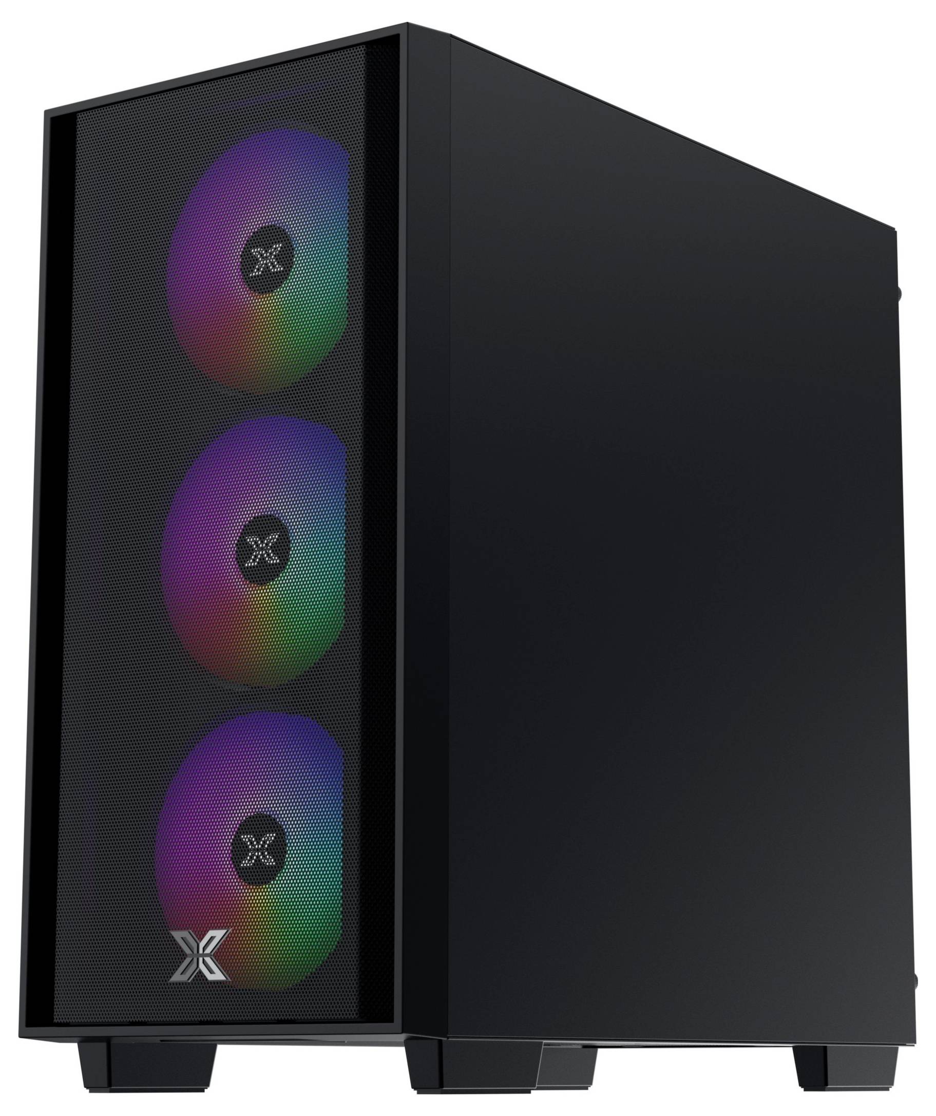 Ein schwarzer Gaming-PC-Tower mit drei kreisförmigen, mehrfarbigen RGB-Lüftern, die auf der Frontseite sichtbar sind.