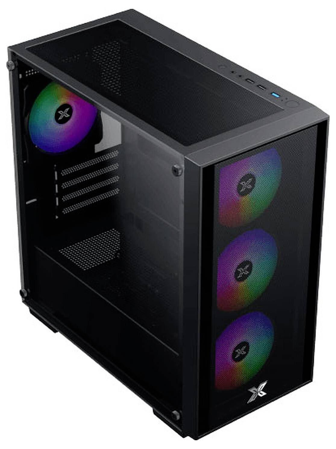 Ein schwarzes Computergehäuse mit drei vorderen RGB-Lüftern und einem hinteren RGB-Lüfter, ausgestattet mit einer transparenten Seitenscheibe und Anschlüssen auf der Oberseite.