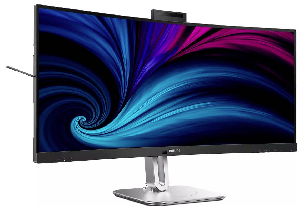 Ein Breitbild-Computermonitor, der eine dynamische Spirale aus blauen und magentafarbenen Mustern auf dem Bildschirm zeigt, gekennzeichnet durch ein schlankes, modernes Design.