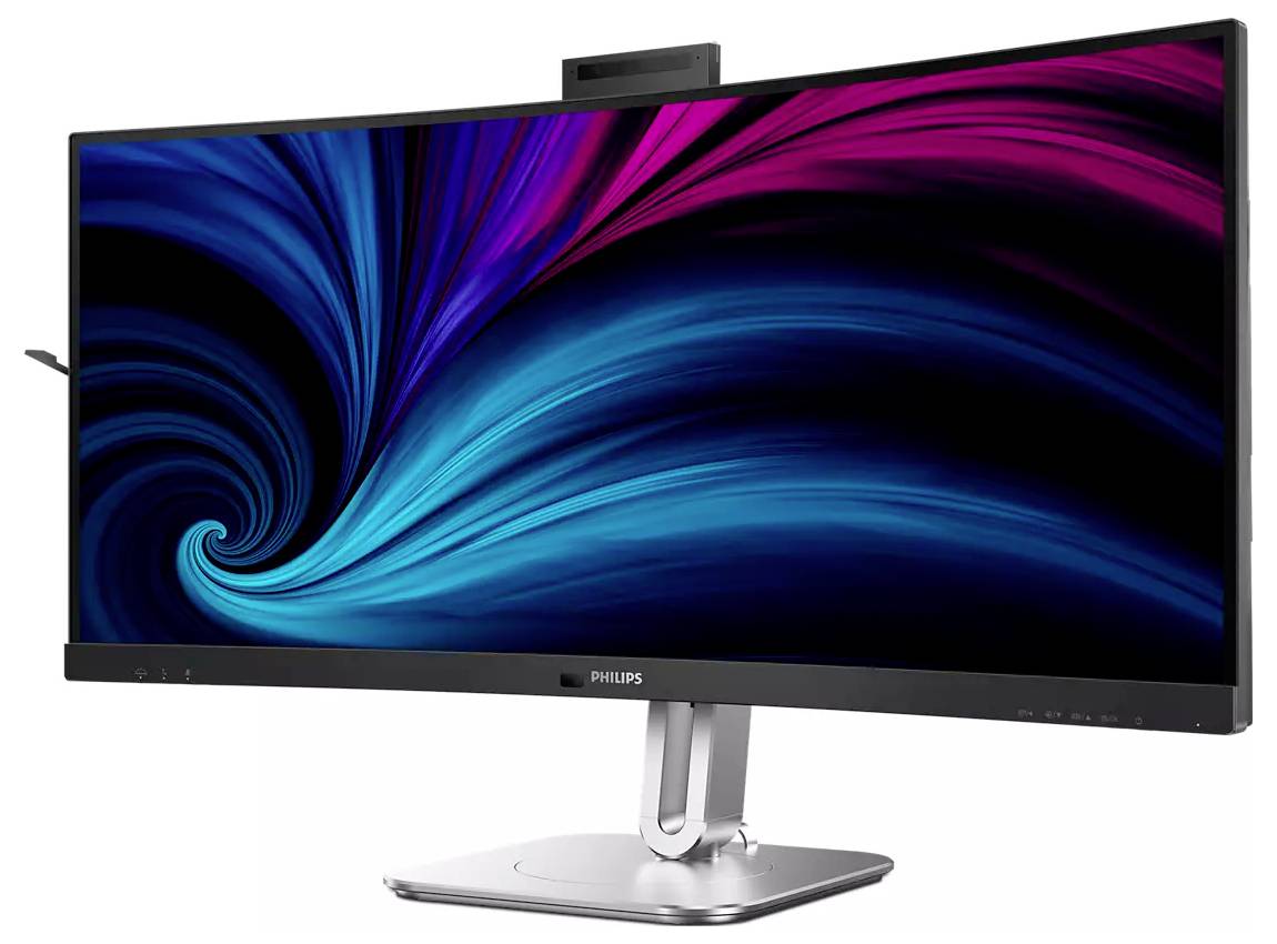 Ultrawide-Monitor, der ein leuchtendes blaues und pinkes abstraktes Wirbelmuster zeigt, montiert auf einem silbernen Ständer mit breiter Basis.