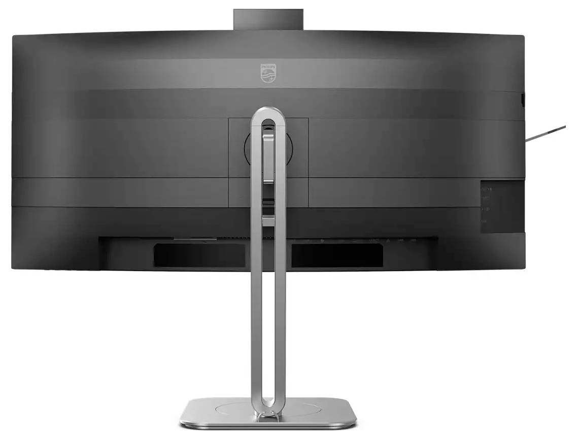 Rückansicht eines Breitbild-Computermonitors mit einem schlanken Ständer, der sein elegantes Design und die Kabelmanagement-Funktionen präsentiert.