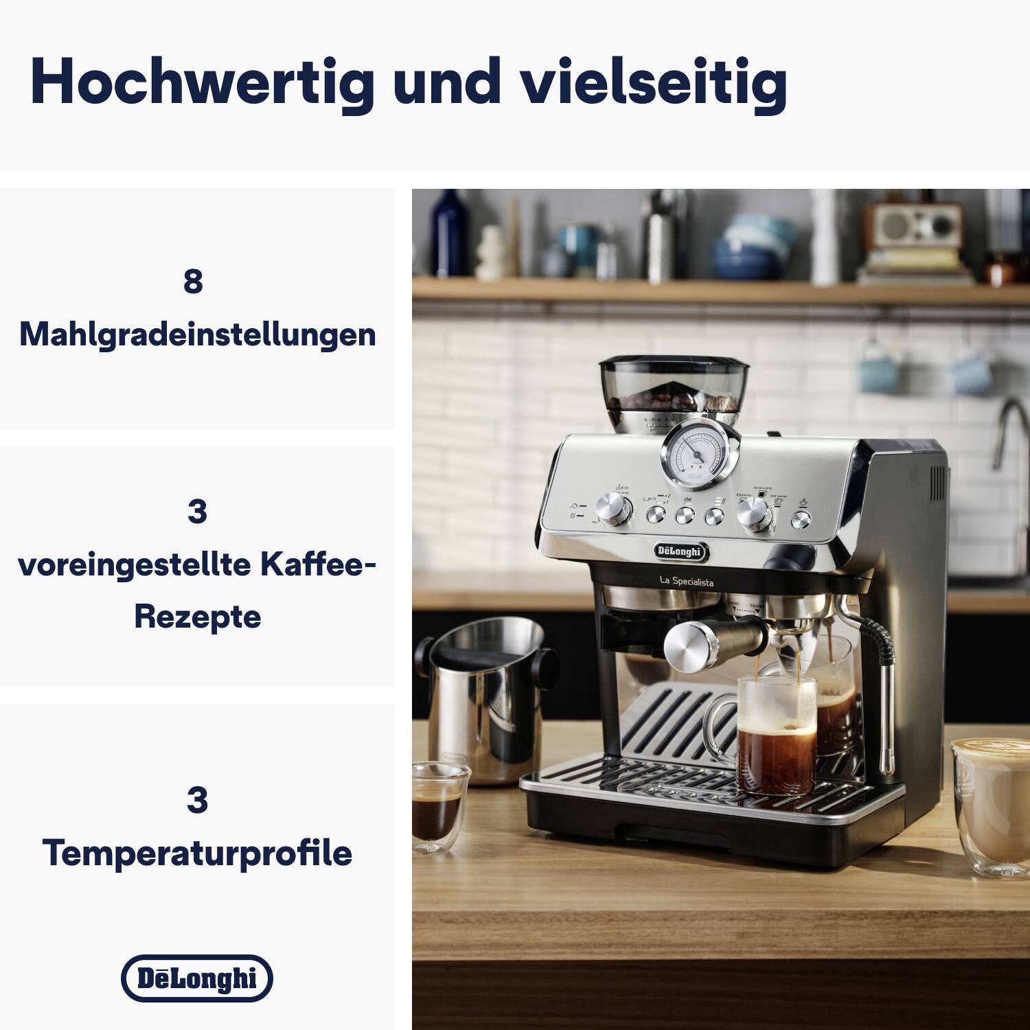 DeLonghi Kaffeemaschine mit mehreren Mahleinstellungen, drei Kaffeerezepten und Temperaturprofilen auf einer Küchenarbeitsplatte.