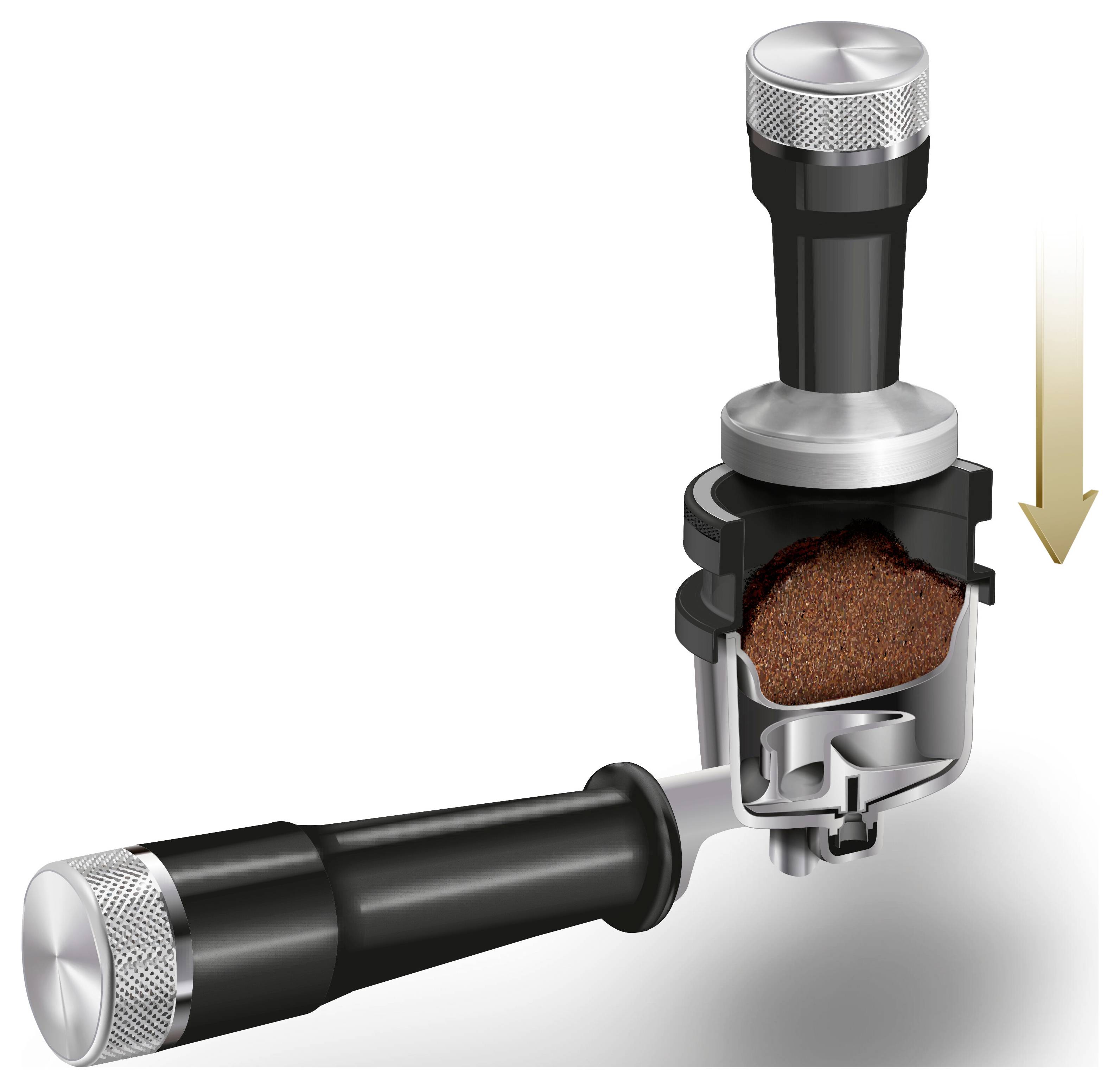 Siebträger mit Kaffeemehl, das von einem Tamper für die Espressozubereitung verdichtet wird.