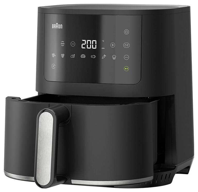 Ein schwarzer digitaler Heißluftfritteuse mit Touchscreen-Display, eingestellt auf 200 Grad, mit verschiedenen Kochoptionen und einer geöffneten Schublade.