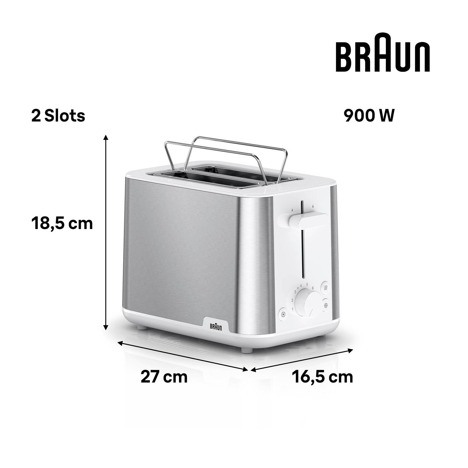Ein silberner Toaster mit 2 Schlitzen, 18,5 cm Höhe, 27 cm Breite und 16,5 cm Tiefe. Verfügt über einen Einstelldial, nutzt 900 W Leistung. Markenname 'Braun'.