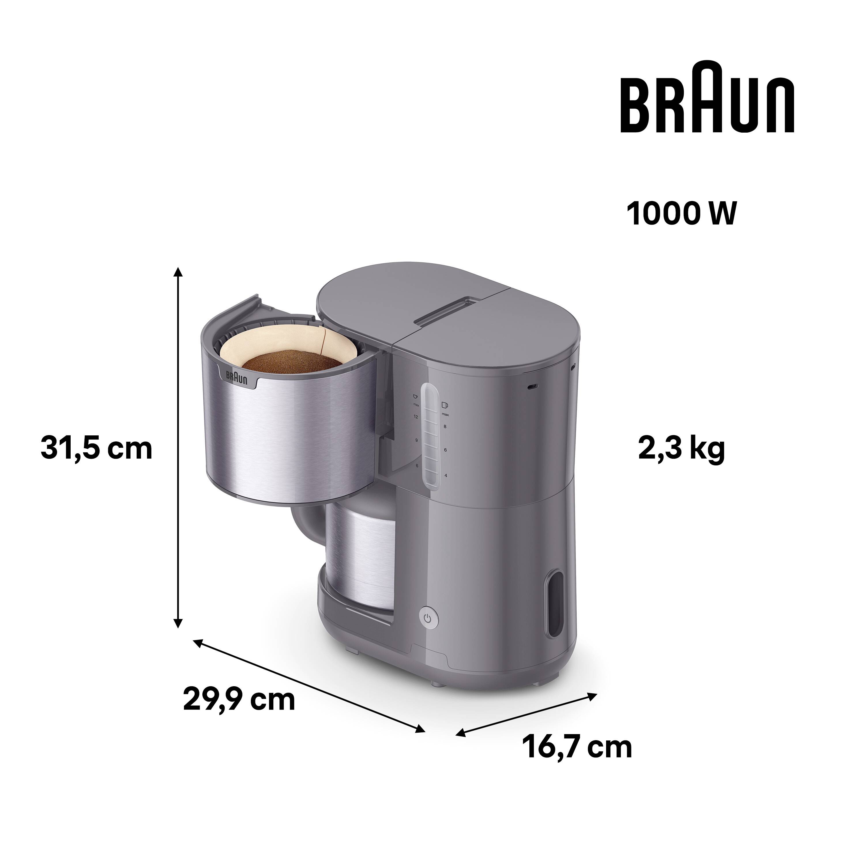 Braun KF 1505 GY Kaffeemaschine Edelstahl, Grau Fassungsvermögen Tassen=9