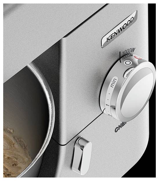 Nahaufnahme eines Kenwood-Küchenrührgeräts mit einer Edelstahlschüssel, wobei der Kontrollschalter auf Minimum eingestellt ist. Der Mixer ist mit 'Chef' beschriftet.