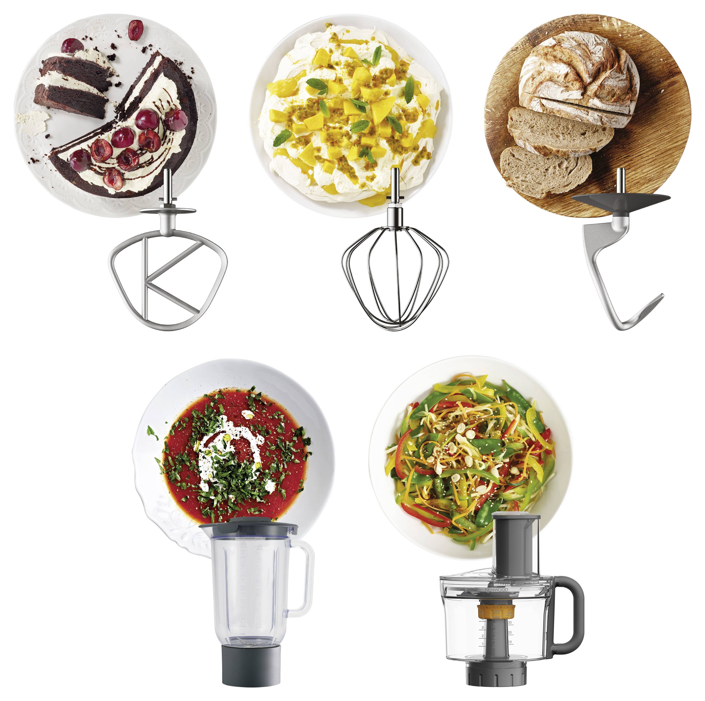 Eine Anordnung verschiedener Gerichte, darunter Schokoladenkuchen, Sahne mit Früchten, Brötchen, rote Suppe und gemischtes Gemüse, jeweils mit dem entsprechenden Küchengerät.