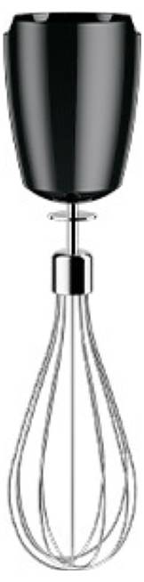 Ein schlanker schwarzer Elektrohacker mit einem Edelstahlaufsatz, entwickelt zum Mischen von Zutaten beim Kochen oder Backen.