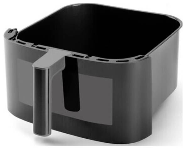 Ein quadratischer, schwarzer Heißluftfrittesenkorb mit Griff, entwickelt zum Kochen von Speisen mit minimaler Ölmenge.