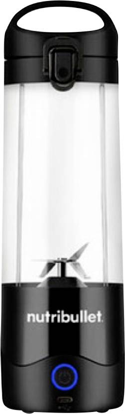 Ein tragbarer schwarzer und durchsichtiger NutriBullet-Mixer mit Einschalttaste und sichtbaren Edelstahlmessern, der für die Zubereitung von Smoothies unterwegs konzipiert ist.