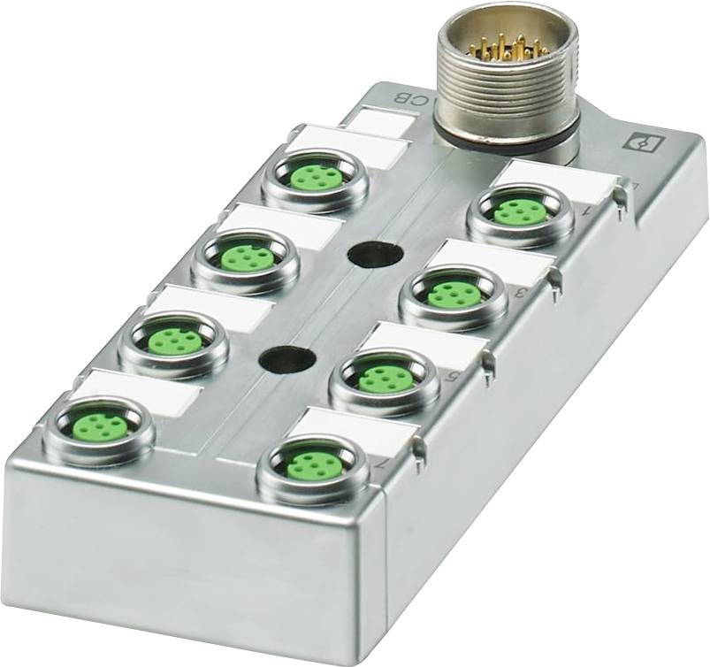 Ein rechteckiger Metallverbindungsblock mit acht runden grünen Buchsen und einem einzelnen größeren Anschluss oben, der für industrielle Anwendungen verwendet wird.