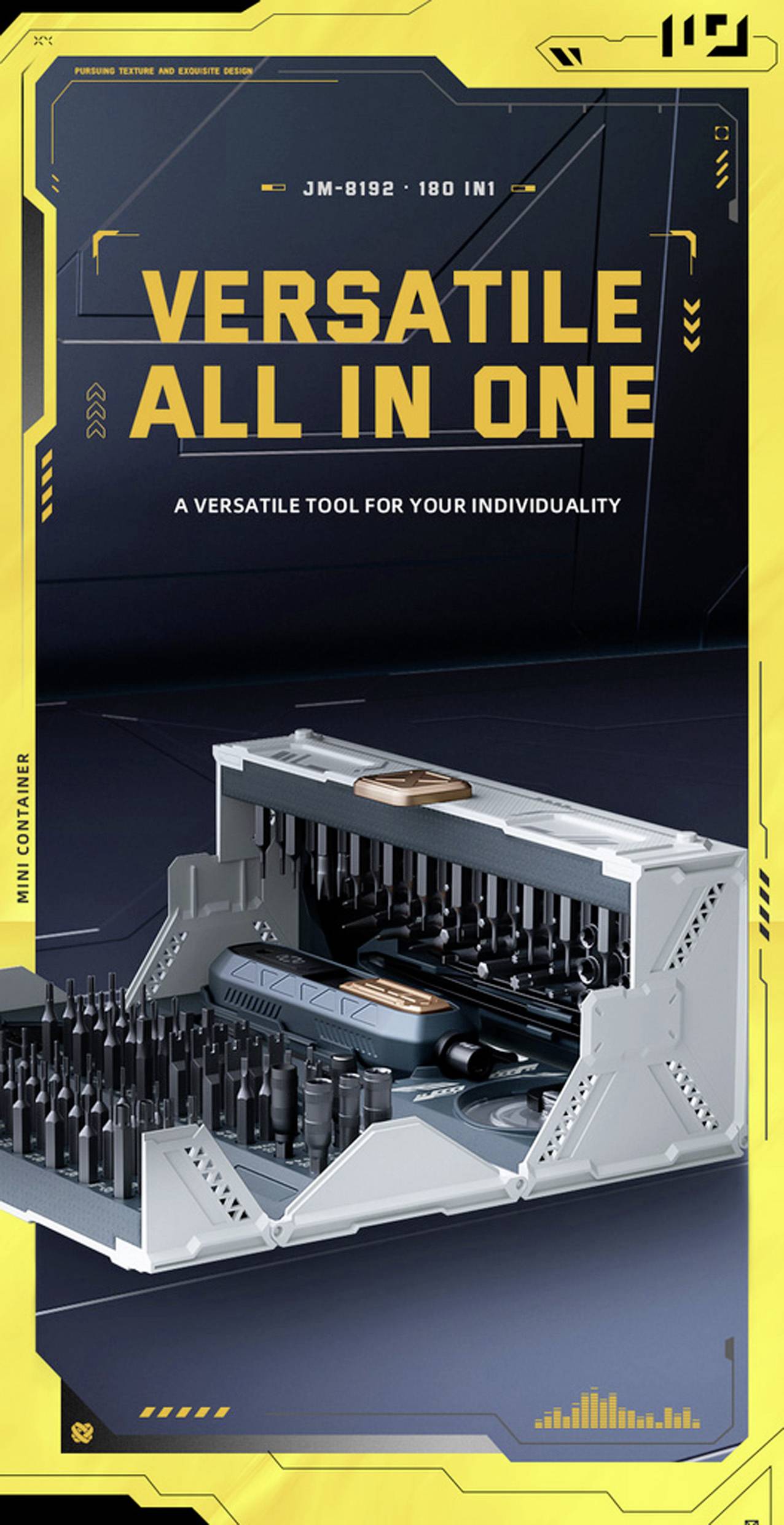 Vielseitiges 'Alles-in-Einem' Werkzeug-Set mit verschiedenen austauschbaren Bits. Text lautet: 'Ein vielseitiges Werkzeug für Ihre Individualität'.