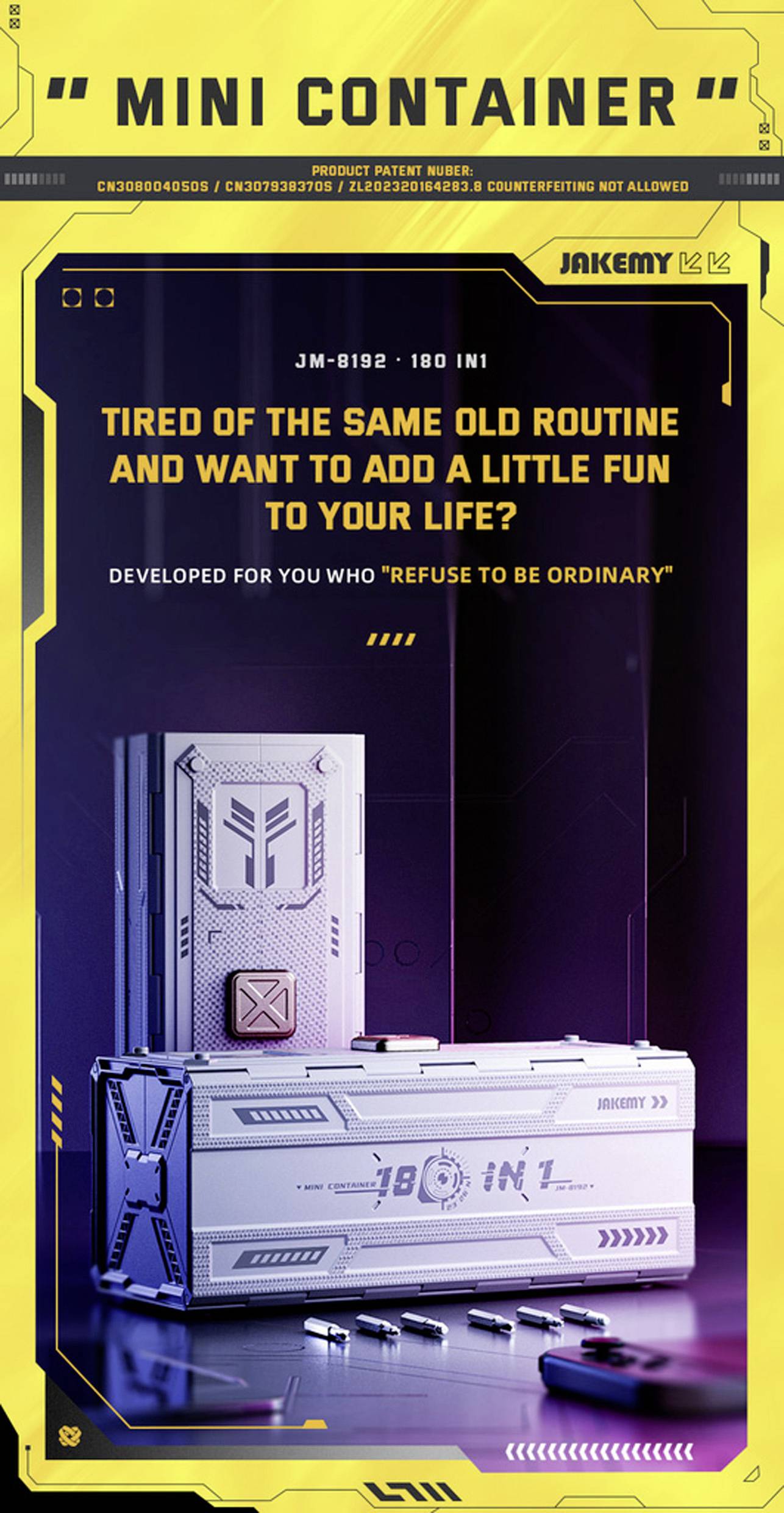 Werbeplakat für 'Mini Container'. Zeigt eine Werkzeugkiste mit dem Text: 'Haben Sie die gleiche alte Routine satt und möchten ein bisschen Spaß in Ihr Leben bringen?'