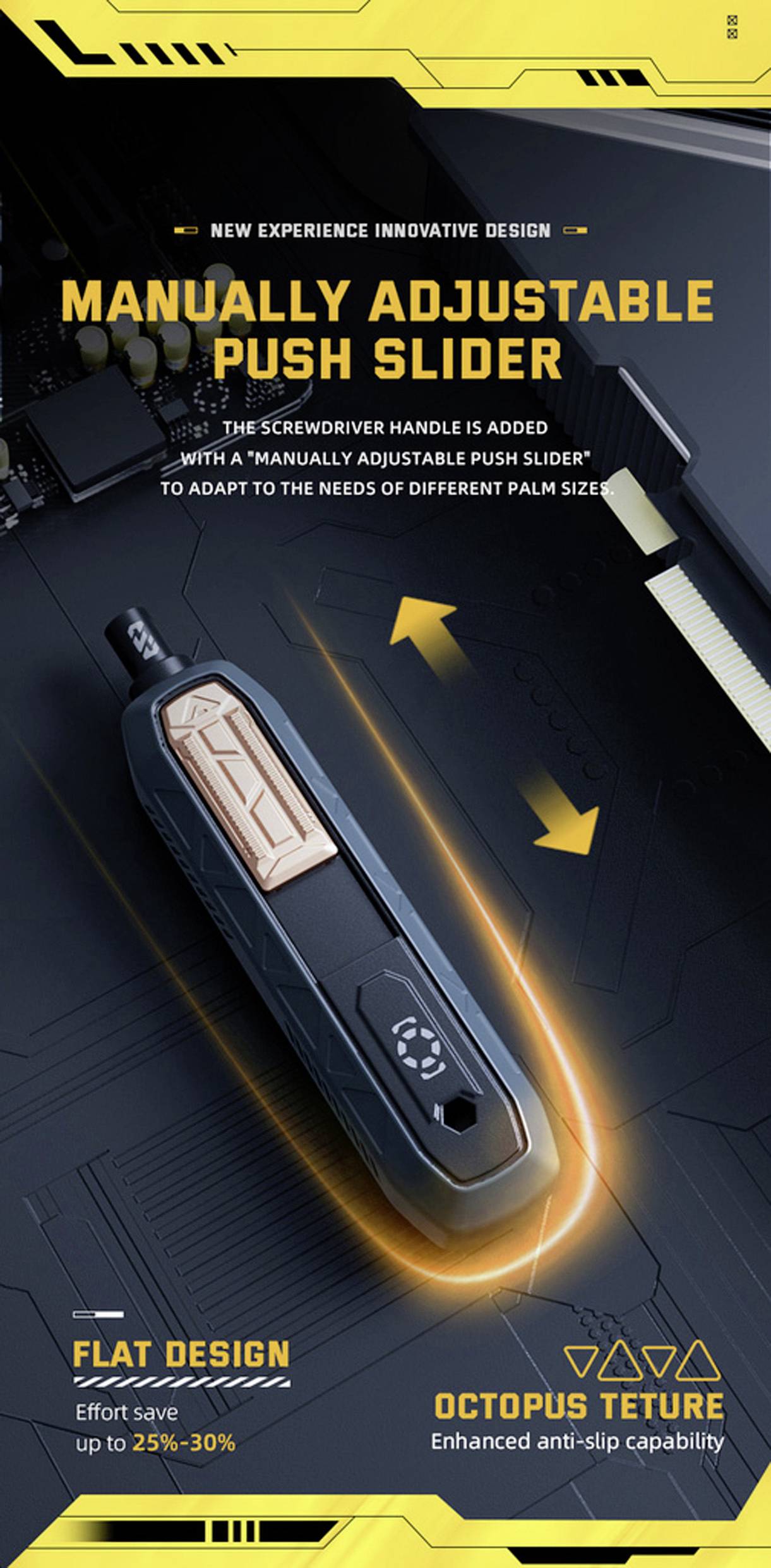 Manuell verstellbarer Schiebeschraubendreher auf dunklem Hintergrund. Beschreibt flaches Design, Arbeitsersparnis von bis zu 25-30% und verbesserte rutschfeste Eigenschaften.