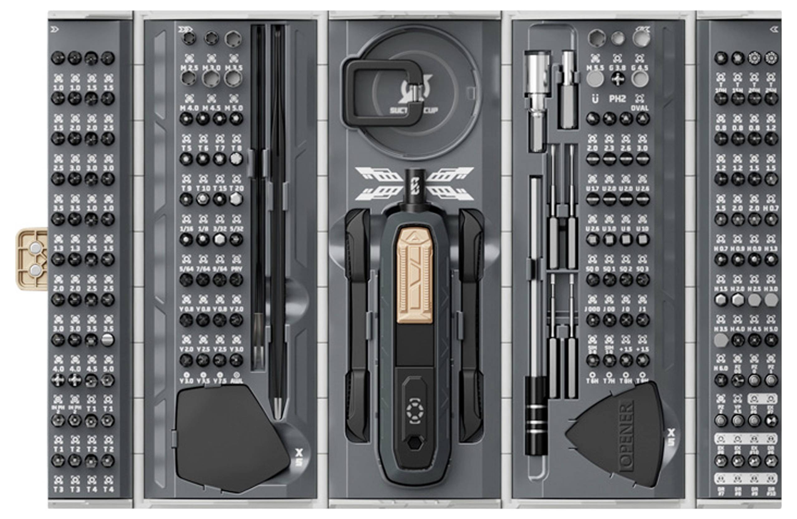 Ein kompaktes Schraubendreher-Set mit mehreren Bits und Zubehör, ordentlich in vier Abschnitten organisiert, das eine Vielzahl von Werkzeugen für Präzisionsarbeiten präsentiert.