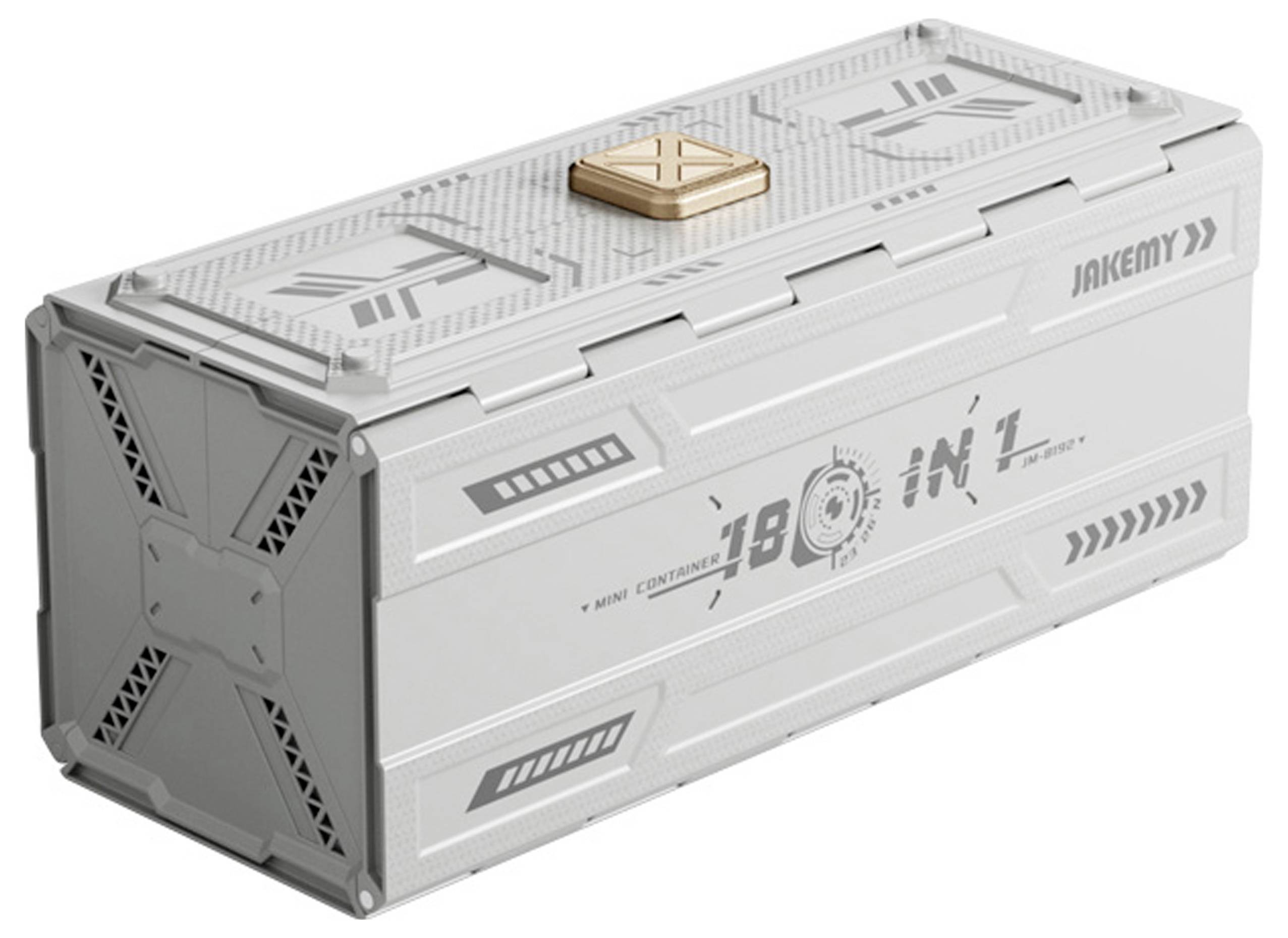 Eine rechteckige silberne Werkzeugbox mit einem Kupfergriff oben, beschriftet mit '18 in 1' und 'Jakemy', die ihre Multifunktionalität präsentiert.