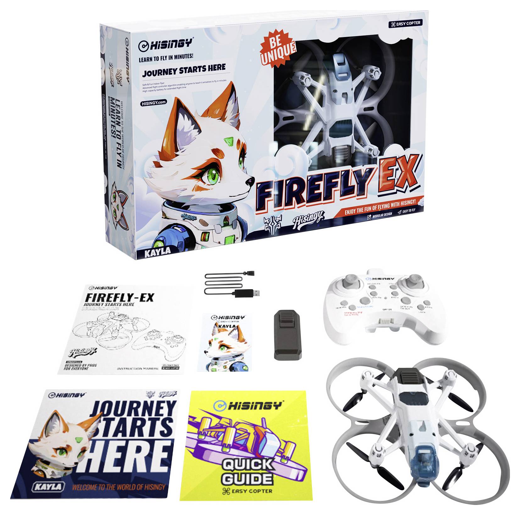 Ein Drohnen-Kit mit Fernsteuerung, Bedienungsanleitungen und Zubehör. Die Schachtel zeigt einen illustrierten Fuchs und die Texte „Firefly EX
