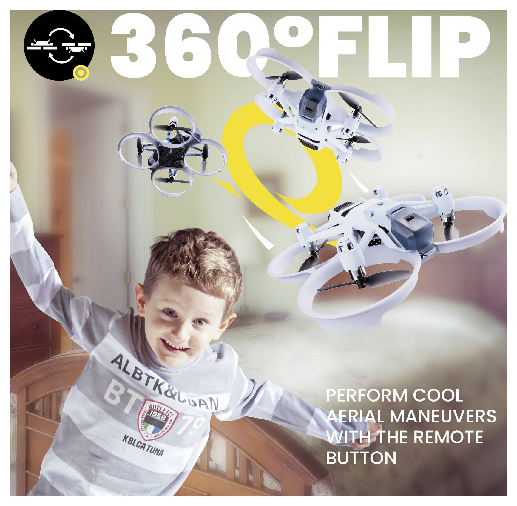 Ein junger Junge beobachtet aufgeregt zwei Drohnen, die im Schlafzimmer einen 360-Grad-Flip durchführen. Der Text lautet: „Führe coole Flugmanöver mit der Fernbedienungstaste auf.
