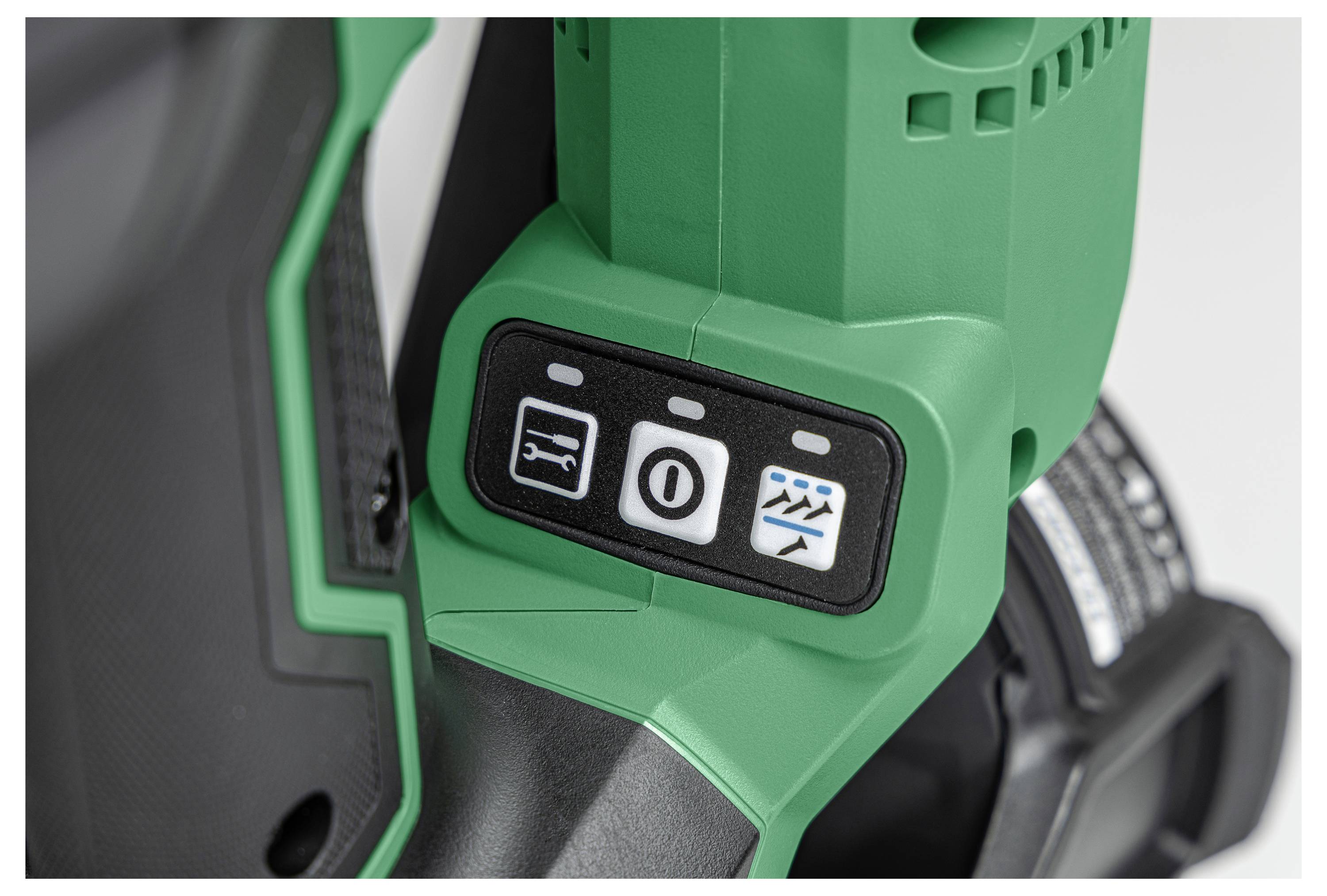 Nahaufnahme eines grünen und schwarzen Werkzeuggriffs mit drei Modustastern und Symbolen: ‚Hammer', ‚Bohrer' und ‚Schraubendreher'.