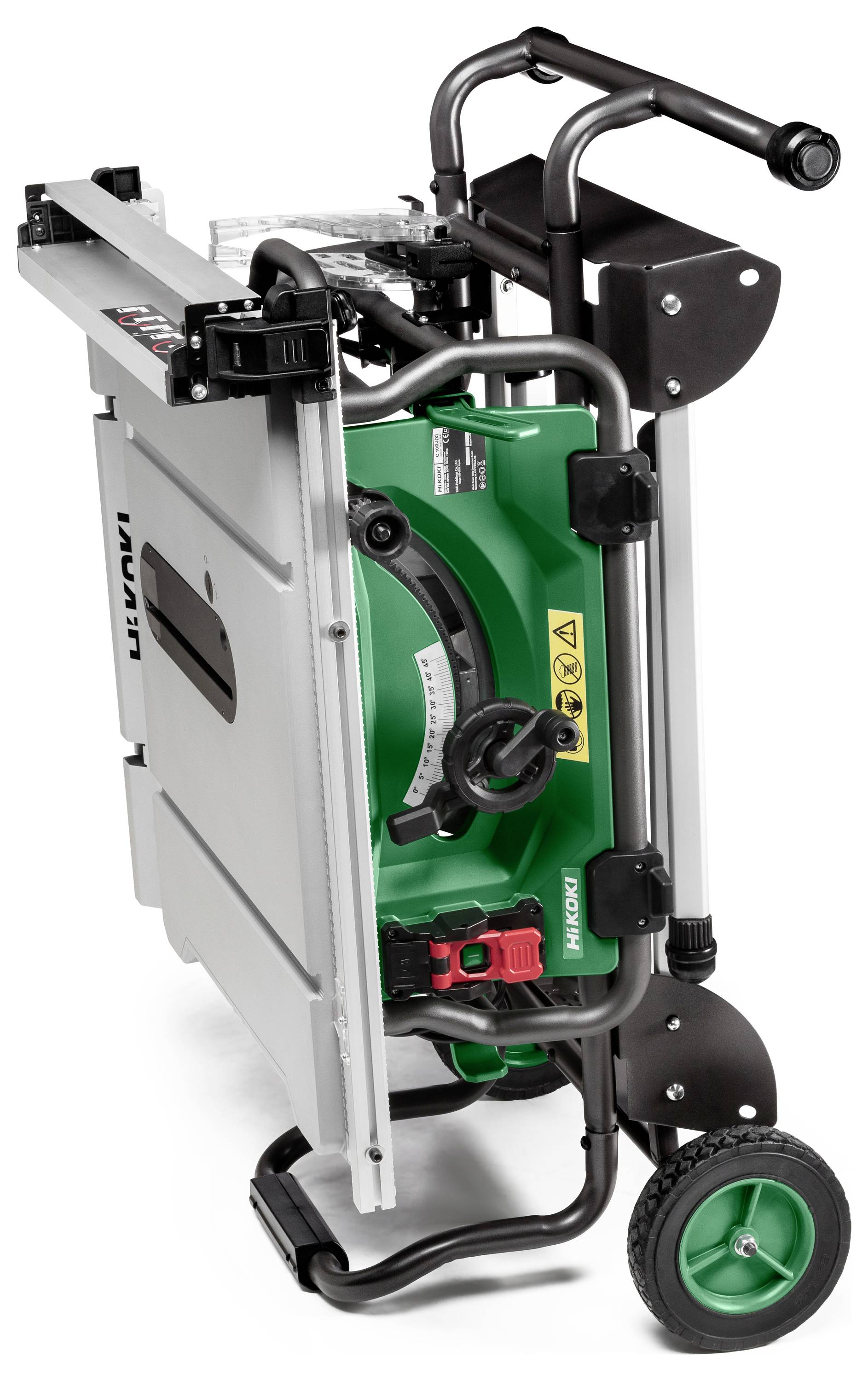 Ein tragbarer Sägetisch mit Rädern, zusammengeklappt für einfachen Transport. Ausgestattet mit einem Griff, einem Einstellknopf und gut sichtbaren Sicherheitsetiketten.