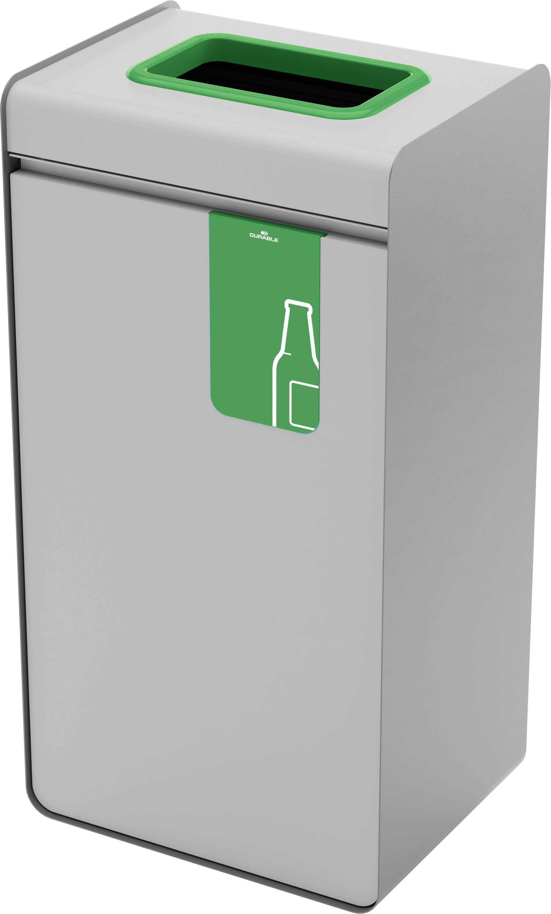 Eine moderne, graue Recyclingtonnen mit einem grünen Deckel, auf dem ein Flaschenicon darauf hinweist, dass sie für das Glasrecycling vorgesehen ist.